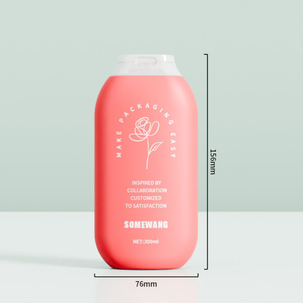 Flacone rosa comprimibile in HDPE da 300 ml con tappo a scatto, etichettato "SOMEWANG", misura 156x76 mm su sfondo chiaro.