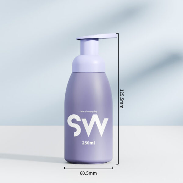 Benutzerdefinierte 250 ml violette HDPE-Schaumflasche mit Pumpe (125,5 x 60,5 mm), abgebildet auf neutralem Hintergrund.