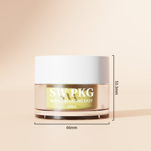50ml jar with white lid, clear base, "SW PKG Make Packaging Easy" label. Size: 66mm x 53.3mm.