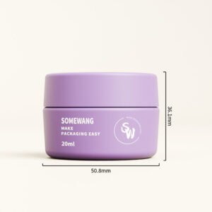 Pequeño frasco morado "SOMEWANG MAKE PACKAGING EASY" de 20 ml, 50,8 mm de ancho, 36,1 mm de alto.