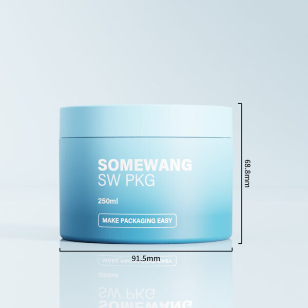 A light blue 250ml double-wall PP jar with screw cap (68.8mm x 91.5mm) is shown on a plain background.