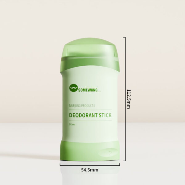 Se muestra un desodorante en barra "Somewang, 50 ml", verde y blanco, de 112,5 mm de alto x 54,5 mm de ancho.