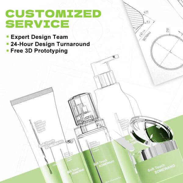 Gráfico promocional: bocetos de botellas de productos para el cuidado de la piel, bocetos de diseño, características del servicio: equipo de expertos, entrega rápida, prototipos en 3D.