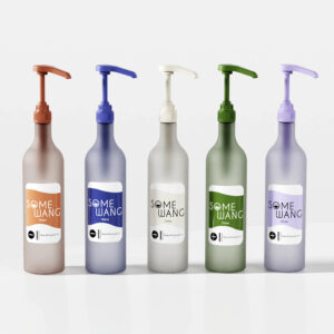 Set of five 750ml pastel PET pump bottles (brown, blue, white, green, lavender) for conditioner.