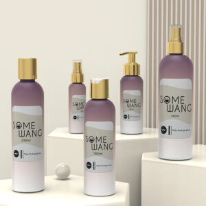 Five SOME WANG skincare bottles with gold, clear caps sit on a neutral background with geometric props.