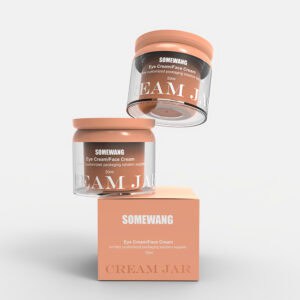 Two clear jars labeled "SOMEWANG Eye/Face Cream" and an orange branded box are shown on a white background.