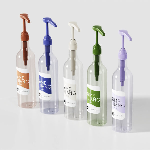 Five 750ml round PET conditioner bottles with long colored pumps are arranged in a row against a plain background.