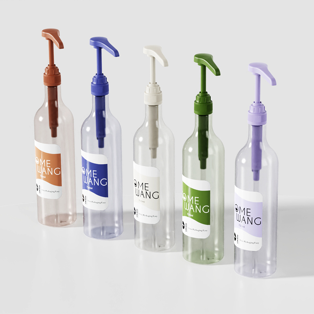 Five 750ml round PET conditioner bottles with long colored pumps are arranged in a row against a plain background.