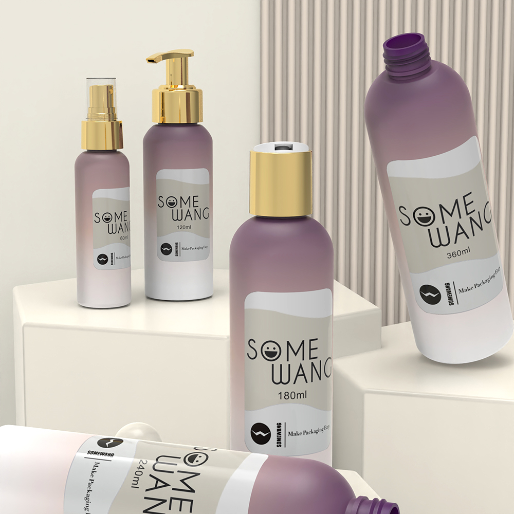 Five "SOME WANG" purple and white bottles sit on white pedestals before a neutral striped background.