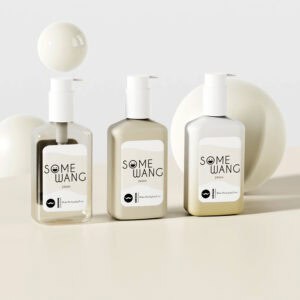 Three "SOME WANG" 240ml flat square shampoo bottles are displayed with white spheres in the background.