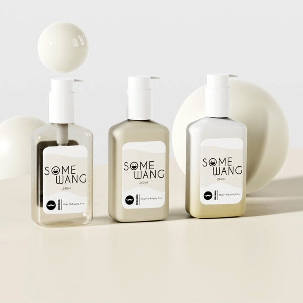 Three "SOME WANG" 240ml flat square shampoo bottles are displayed with white spheres in the background.