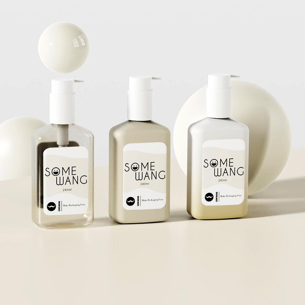 Three "SOME WANG" 240ml flat square shampoo bottles are displayed with white spheres in the background.