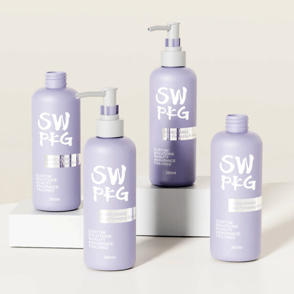 Four 360ml lavender "SW PFG" PET bottles with pumps sit on white blocks against a neutral background.