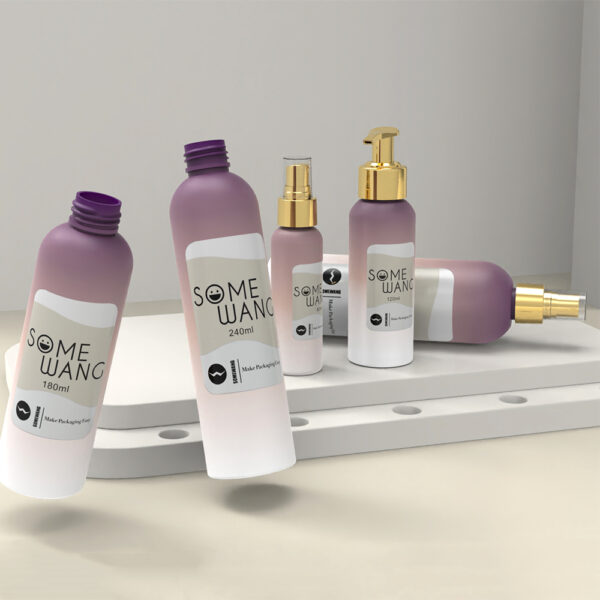 Five purple and white "SOME WANG" bottles with gold and clear caps sit on a white surface against a neutral background.