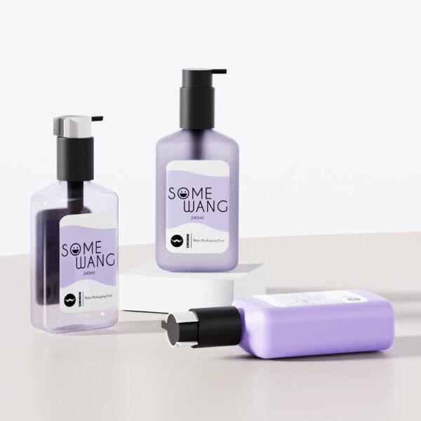 Three 240ml PET square shampoo bottles—two upright, one lying down—are on a minimalist surface.