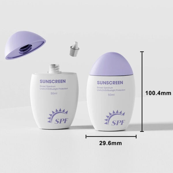 Dua botol pelindung matahari PE 50ml putih dengan penutup lavender (satu penutup terapung). Setiap satu ialah 100.4mm x 29.6mm.