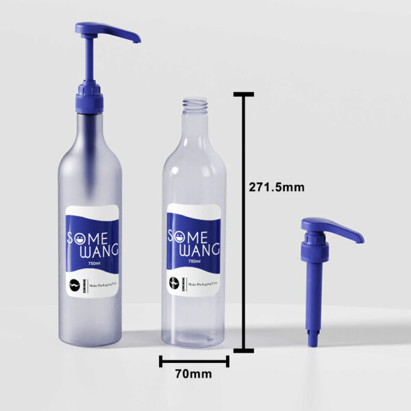 Three items: 750ml blue PET bottle w/ nozzle, same bottle w/o nozzle, separate nozzle. Label: "SOME WANG Hair Conditioner".