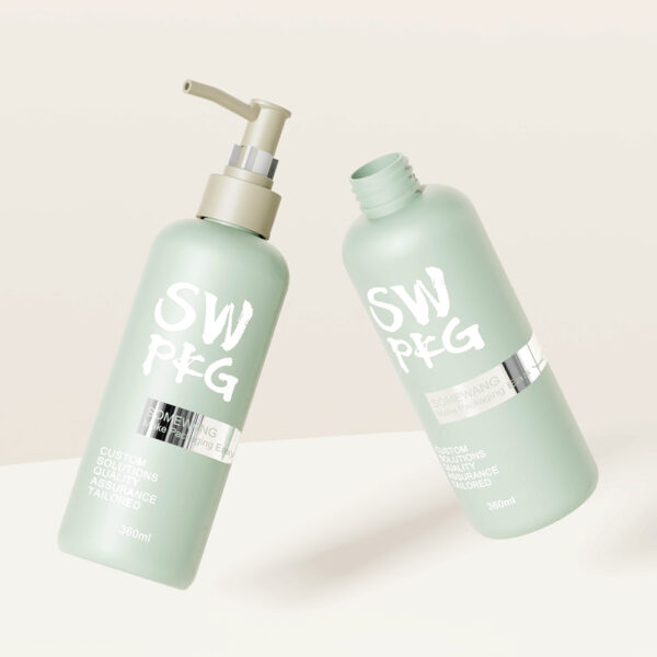 Two light green 360ml SWPEG bottles sit on a white surface; one has a pump, the other is open.