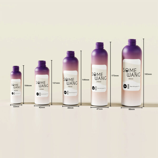 Five purple gradient "SOME WANG" bottles, varying in size, are lined up with their dimensions and capacities labeled.