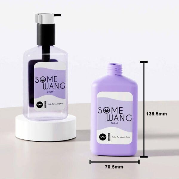 Two "SOME WANG" 240ml PET flat square bottles (136.5×70.5mm) for shampoo; one has a pump dispenser.