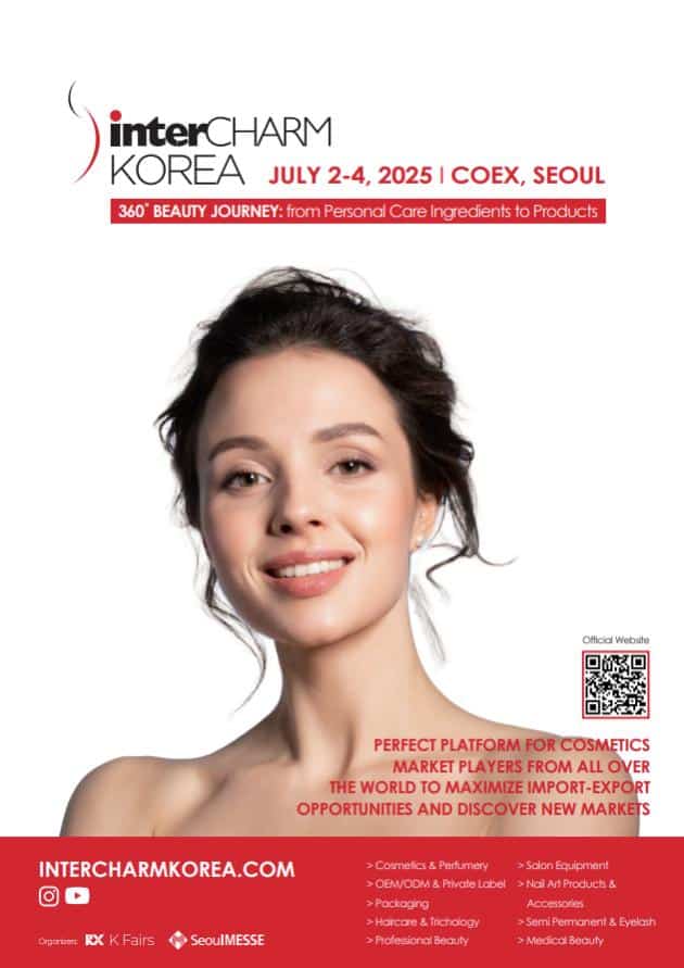 A smiling woman appears on an interCHARM Korea 2025 poster with event dates, location, and Somewang highlights.