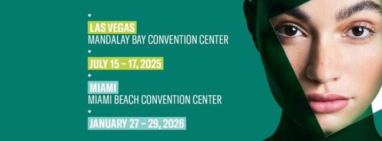 Event dates: Las Vegas, July 15-17, 2025; Miami, Jan 27-29, 2026. Right: woman's face with green graphics—Somewang.