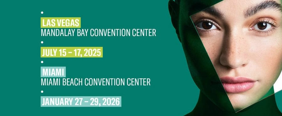 Event dates: Las Vegas, July 15-17, 2025; Miami, Jan 27-29, 2026. Right: woman's face with green graphics—Somewang.