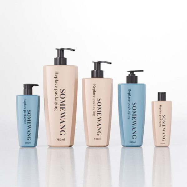 Five "SOMEWANG" bottles of various sizes labeled "Replace packaging" stand upright on a reflective surface.