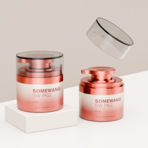 Two 50ml rose gold & white cosmetic jars for lotion—one open, one closed—displayed on a white block.