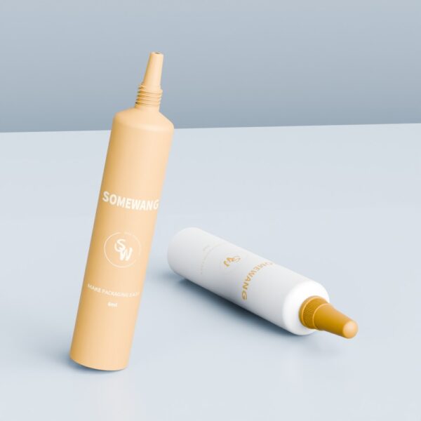 Deux tubes PE de 6 ml, l'un beige debout, l'autre blanc couché, étiquetés « SOMEWANG » sur une surface claire.