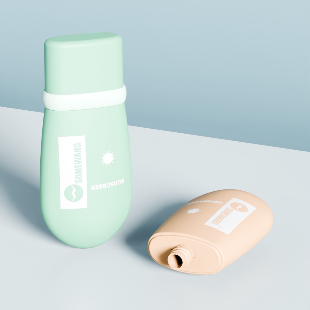Hai chai kem chống nắng HDPE 100ml tùy chỉnh—màu xanh lá cây thẳng đứng, màu be không có nắp—đặt trên bề mặt màu trắng-xanh lam.