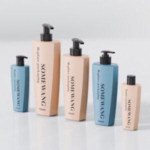 Five blue and beige rectangular "SOME WANG" pump bottles (230–750ml) are arranged on a white surface.
