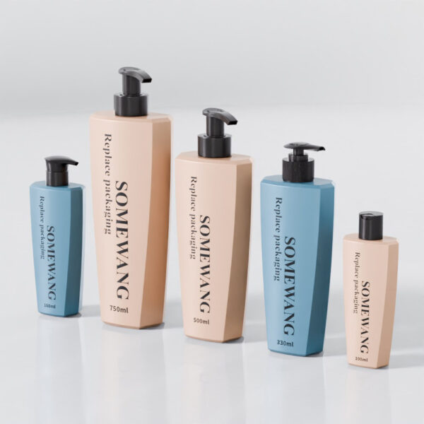 Five blue and beige rectangular "SOME WANG" pump bottles (230–750ml) are arranged on a white surface.