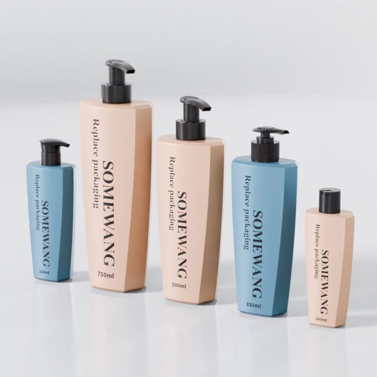 Five blue and beige rectangular "SOME WANG" pump bottles (230–750ml) are arranged on a white surface.