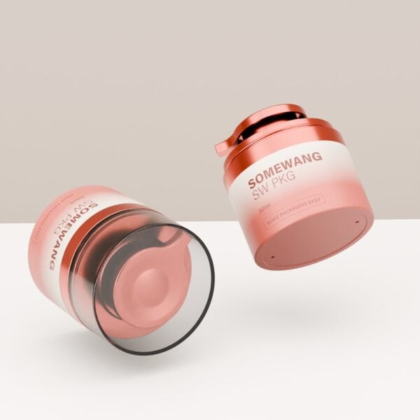 Two colored 50ml cosmetic jars—one upright, one on its side—are displayed against a neutral background.