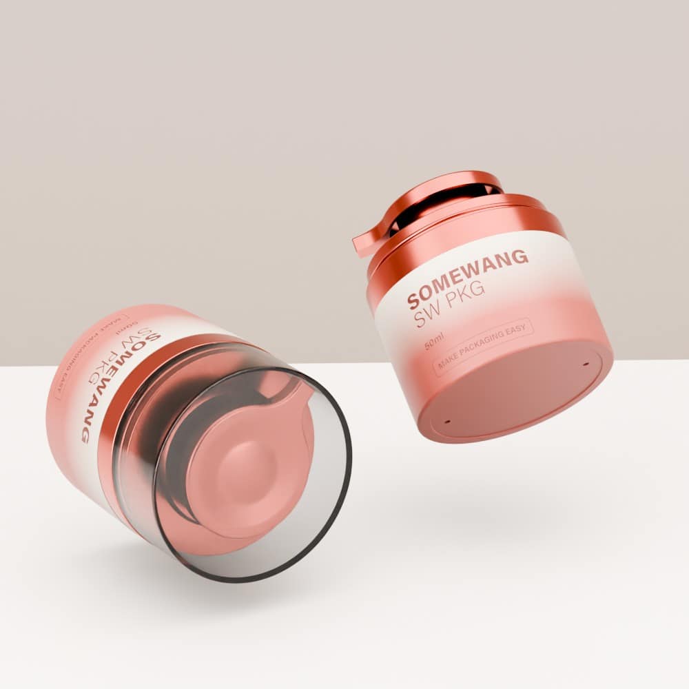 Two colored 50ml cosmetic jars—one upright, one on its side—are displayed against a neutral background.