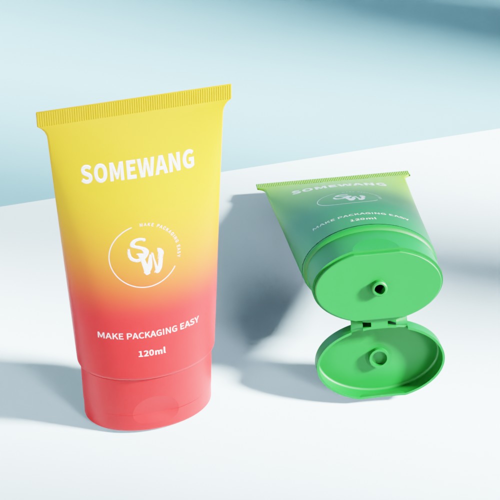 أنبوبتان تجميليتان تحملان العلامة التجارية "SOMEWANG": أنبوب متدرج عمودي، وأنبوب بيضاوي أخضر D45 سعة 120 مل، وغطاء مفتوح.