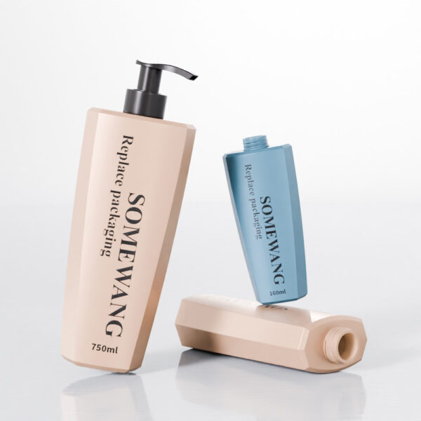 Three SOMEWANG bottles—beige 750ml pump, blue 160ml refill, and another beige—are labeled "Replace packaging.