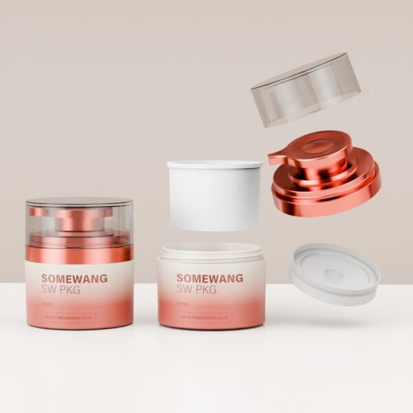 Two customized 50ml cosmetic jars are shown in exploded view, highlighting lids, pumps, and inner containers.