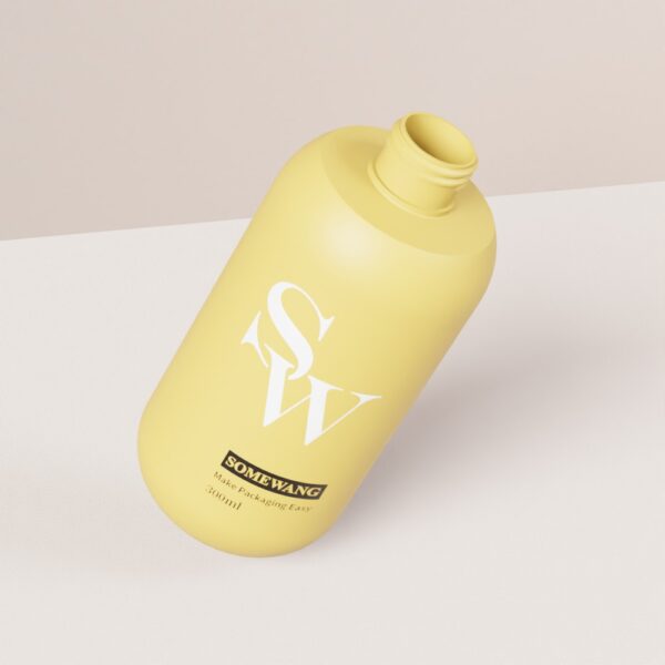 Flacone rotondo in PE giallo da 300 ml con pompa, etichettato "SW Somewang", ideale per shampoo, gel o lozione.