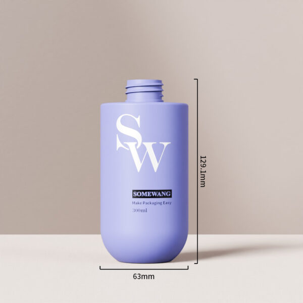 300ml lavender PE round bottle with lotion pump, "SW SOMEWANG" logo, 129mm tall, 63mm wide on neutral background.