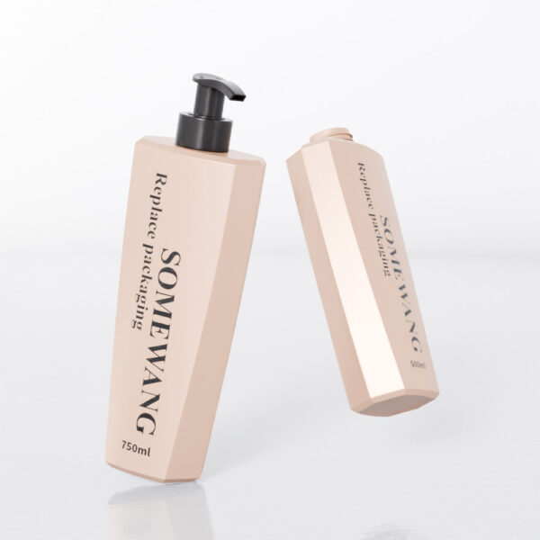 Two beige 750ml shampoo bottles labeled "SOMEWANG Replace Packaging"; one upright with pump, one lying down.