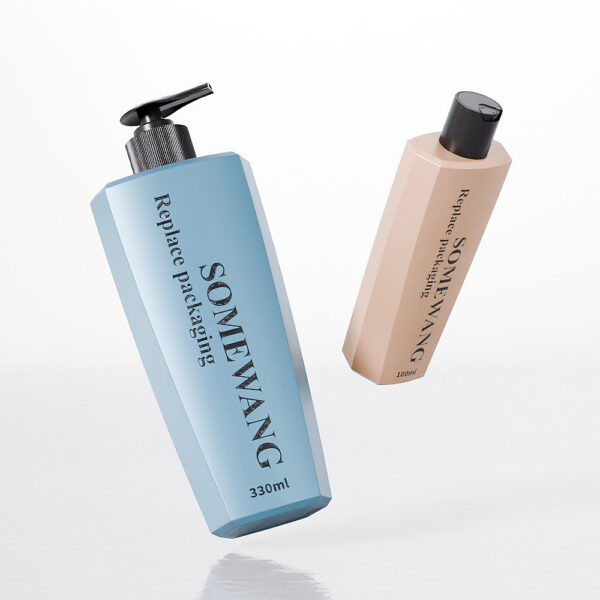 Two “SOMEWANG Replace Packaging” bottles—blue pump (330ml) and beige flip-cap (120ml)—hang on white.
