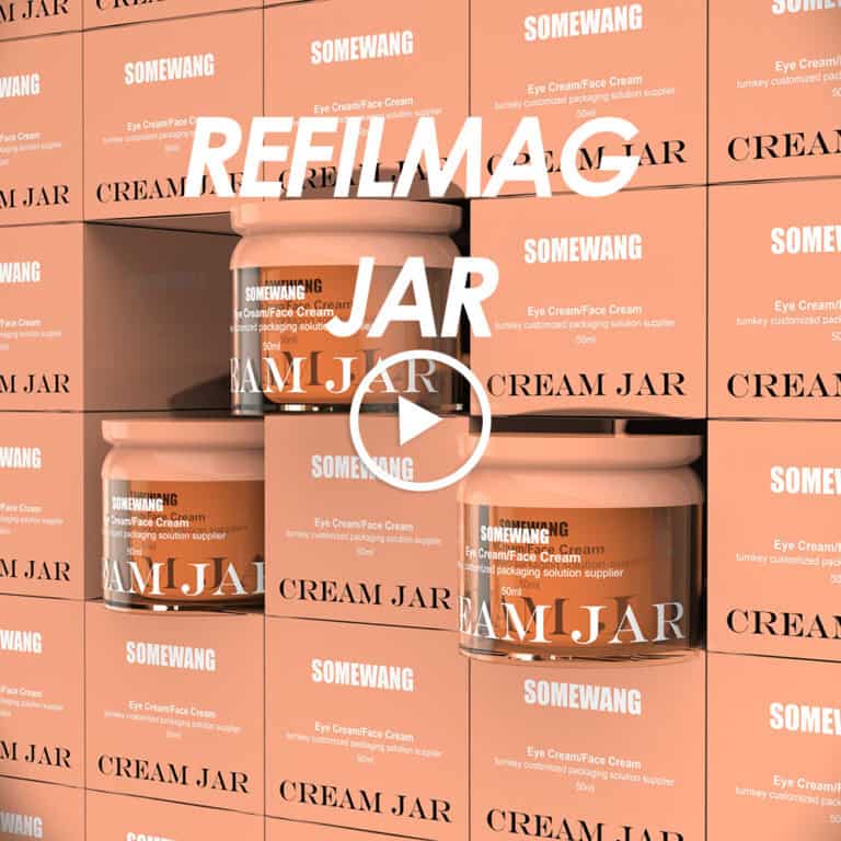 복숭아색 "SOMEWANG CREAM JAR" 상자 앞에 유리 Refilmag 병 두 개를 쌓아 올렸습니다. 텍스트: "REFILMAG JAR".