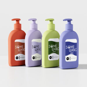 Four 250ml HDPE lotion bottles—red, light purple, green, and blue—are lined up against a plain background.
