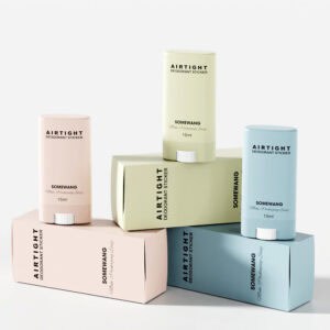 Five pastel 15ml PP deodorant sticks labeled "Airtight Deodorant Sticker" are shown, boxed and upright.