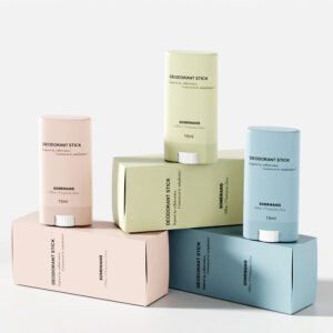 Quatre contenants de déodorant en PP de 15 ml pour crème solaire sont présentés sur des boîtes, mettant en évidence les options personnalisables.