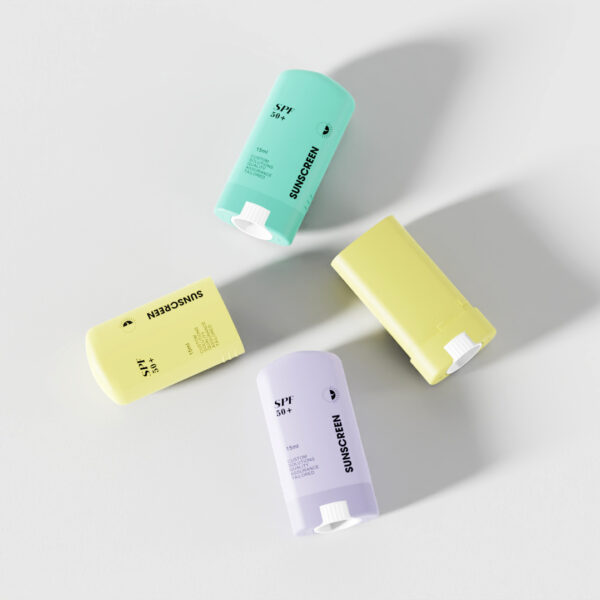 Four SOMEWANG 15ml PP deodorant sticks in pastel green, yellow, lavender, and blue-green on a white surface.
