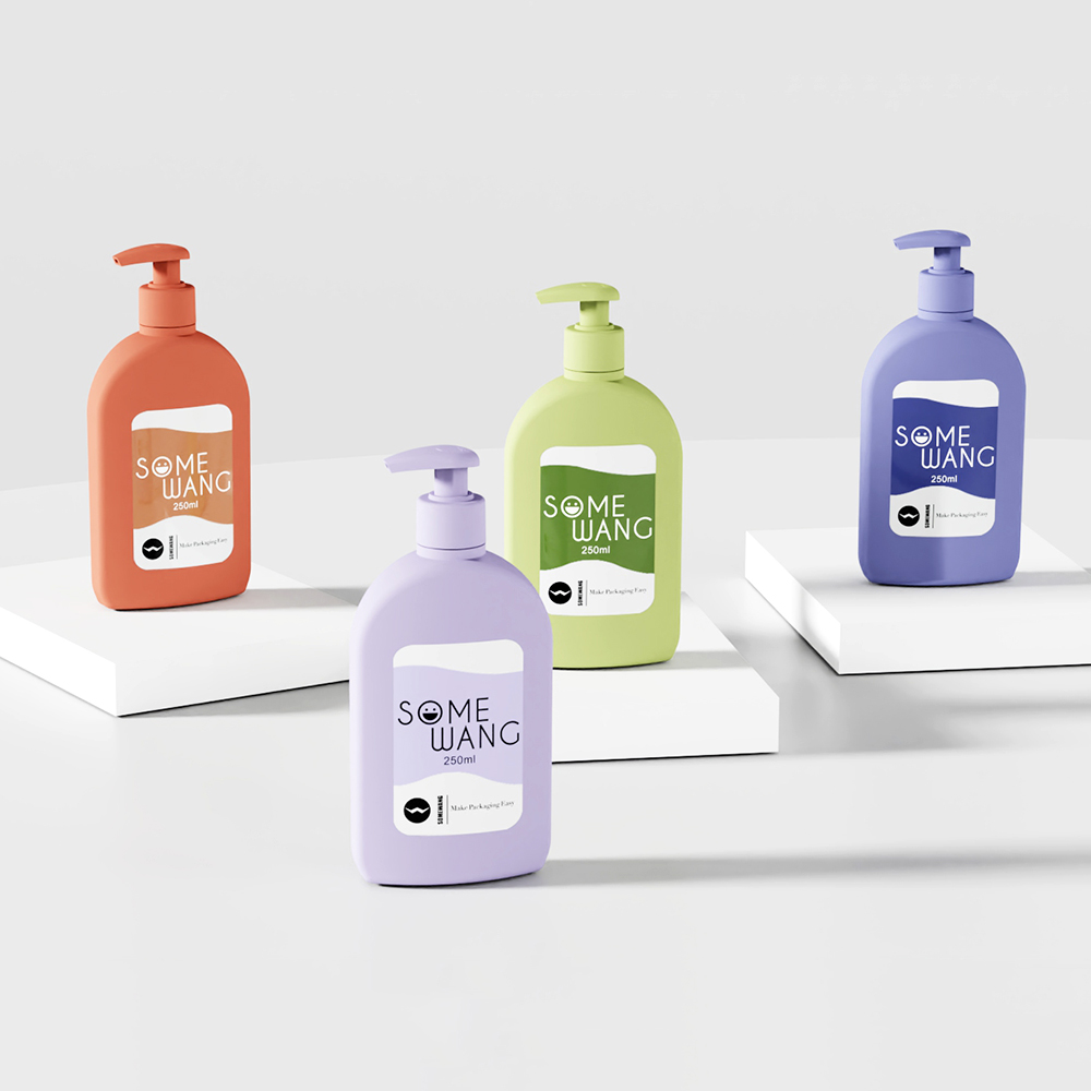 Four "SOME WANG" 250ml lotion bottles in orange, green, purple, and lavender are shown on white platforms.