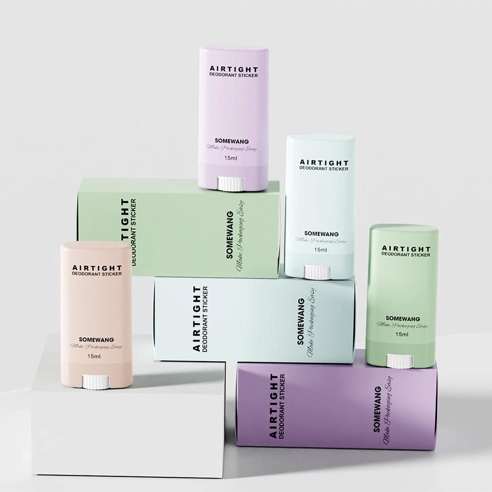 Pastel "Somewang 15ml Deodorant Stick" tubes are displayed on blocks against a neutral background.